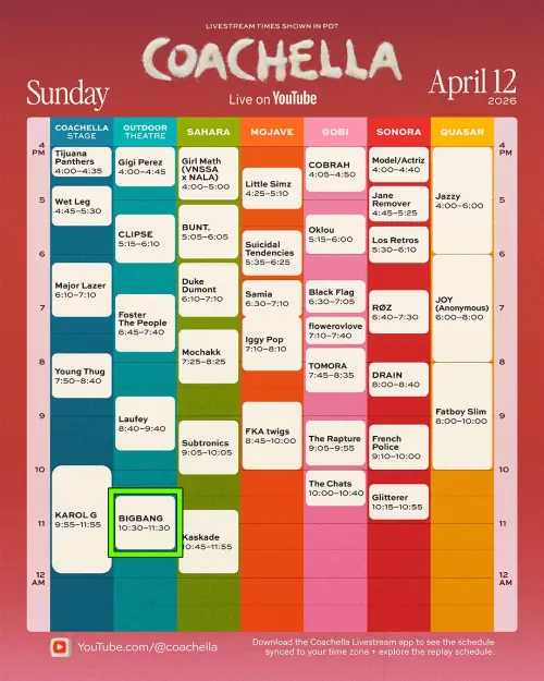 ▲BIGBANG科切拉出場順序為，4月12日（星期日）加州時間晚上10點半（綠框處）。（圖／IG@coachella）