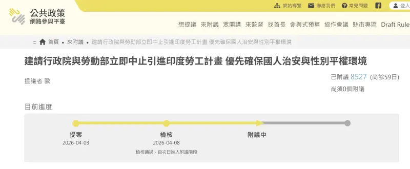 網路提案政府禁印度移工、1週逾8500人附議 勞動部:不躁進開放