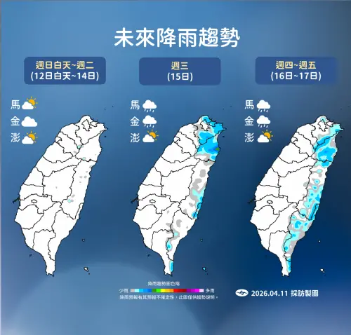 ▲未來一週降雨以北部、東半部較明顯，12日至14日天氣相對穩定，15日鋒面通過雨區擴大，16日至17日東半部仍有雨。（圖／中央氣象署cwa.gov.tw）