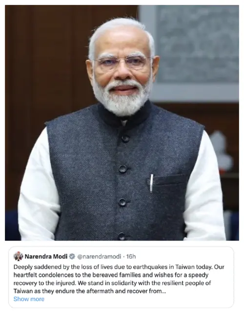 ▲2024年4月3日，台灣花東發生規模芮氏7.1強震，造成20死、1155人傷。印度總理莫迪（Narendra Modi）當時在社群平台X發文，是唯一在網路上關切台灣的國際元首。（圖／取自莫迪Ｘ）