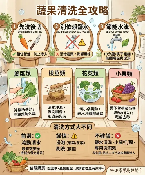 ▲蔬菜處理順序會影響農藥殘留風險，建議先以流動清水沖洗至少5分鐘再裁切，避免農藥滲入。（圖／翻攝自臉書粉專「林俐岑營養師的小天地」）
