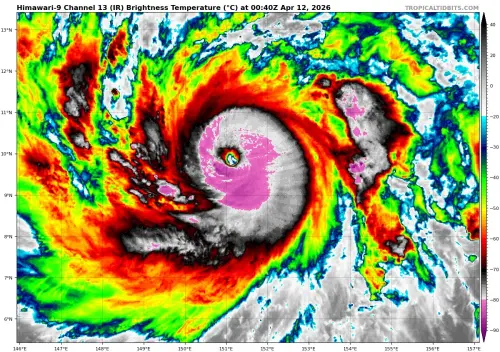 ▲辛樂克颱風出現明顯颱風眼，今天下午升級為強颱。（圖／翻攝tropical tidbits）