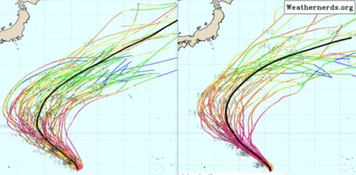 ▲歐洲、美國模式街預測，辛樂克颱風未來將在日本南方海面「大迴轉」，迴轉位置雖然還不確定。（圖／洩天機教室）