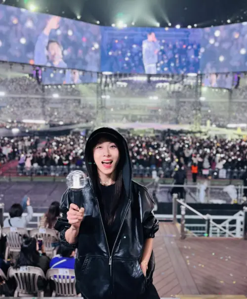 ▲河智苑前往觀賞BTS演唱會，也沒有忘記要帶著官方應援棒。（圖／IG@hajiwon1023）