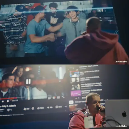 ▲小賈斯汀望著大銀幕上稚嫩的自己，深情演唱〈Baby〉，讓觀眾掉雞皮疙瘩。（圖／翻攝自HeyWarWars微博）