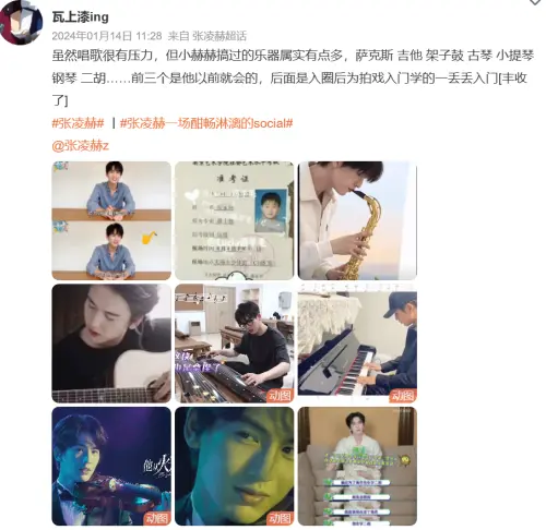 ▲張凌赫還學過許多樂器，才藝滿滿。（圖／微博＠瓦上漆ing）