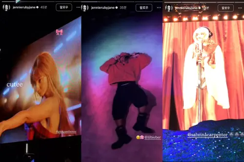 ▲Jennie在台灣時間13:39開始連發好幾篇前兩日的科切拉表演影片，包括粉紅豹女孩（左）、小賈斯汀（中）、Sabrina Carpenter（右）。（圖／IG@jennierubyjane jennierubyjane）