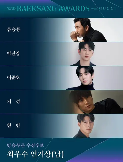 ▲第62屆百想藝術大賞視帝名單也相當華麗，將由柳承龍（由上至下）、朴珍榮、李俊昊、池晟、玄彬共同角逐。（圖／IG@baeksang.official）