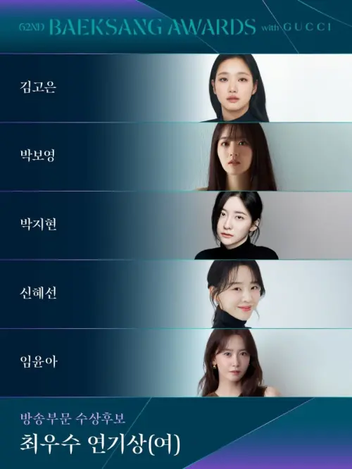 ▲第62屆百想藝術大賞入圍名單公布！視后入圍名單為金高銀（由上至下）、朴寶英、朴智賢、申惠善、林潤娥入圍，根本是死亡之組。（圖／IG@baeksang.official）