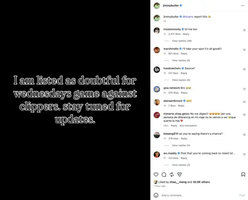 ▲金州勇士隊老將巴特勒（Jimmy Butler III）今日更新了個人社群平台，發布了一則極具個人風格的動態。他在文中煞有其事地寫道：「我已被列為週三對陣快艇比賽的『出戰成疑』（Doubtful），請大家持續關注後續更新。」（圖／取自IG）