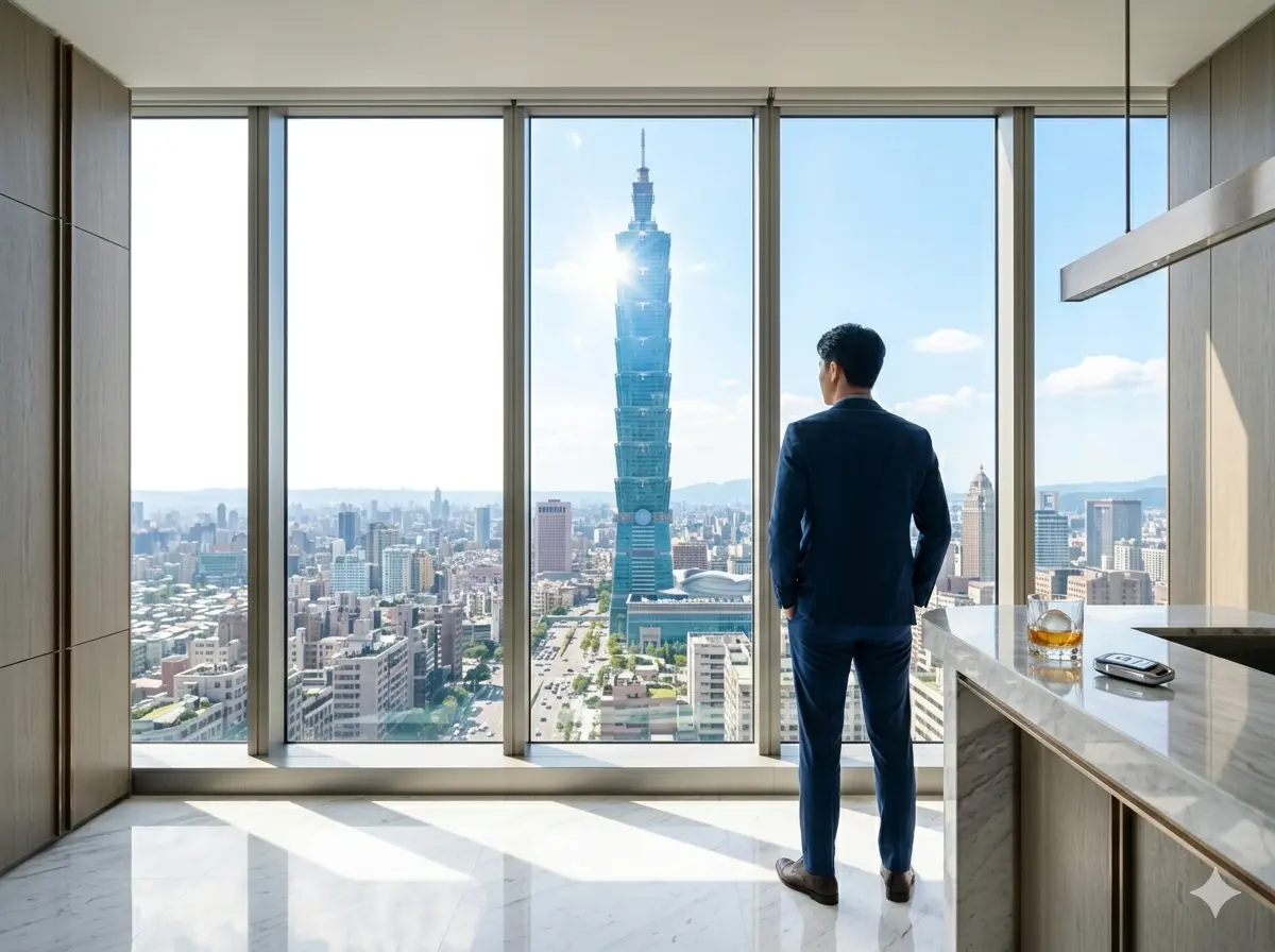 ▲台北市購屋門檻驚人，根據最新數據顯示，年收入逾 400 萬元的高資產族群已躍升為北市購屋主力。一名高資產族群正從奢華的頂層公寓俯瞰城市天際線，展現「非富即貴」的置產實力。（示意圖／Gemini製圖／NOWNEWS監製）