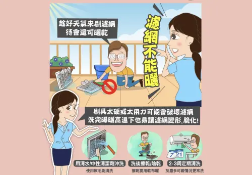 ▲台電分享清洗濾網的NG方式，提醒不要用力搓洗、且不宜在高溫下曝曬。（圖／翻攝台電臉書粉專）