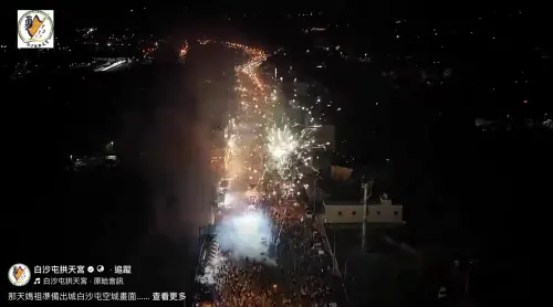 ▲白沙屯拱天宮分享媽祖進香首日空拍畫面，從白天到深夜都可見大批香燈腳湧入，橘帽大軍隨著粉紅超跑一路前行，，夜晚更有煙火點亮天空，場面相當壯觀。（圖／翻攝自白沙屯拱天宮臉書、古哥空拍法人粉專）