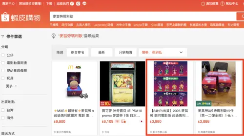 ▲麥當勞瑪利歐公仔耀西開賣第一天，已有賣家開出轉售賣場，全套12款「網路炒價飆出3980元」。（圖／翻攝自蝦皮購物官網）