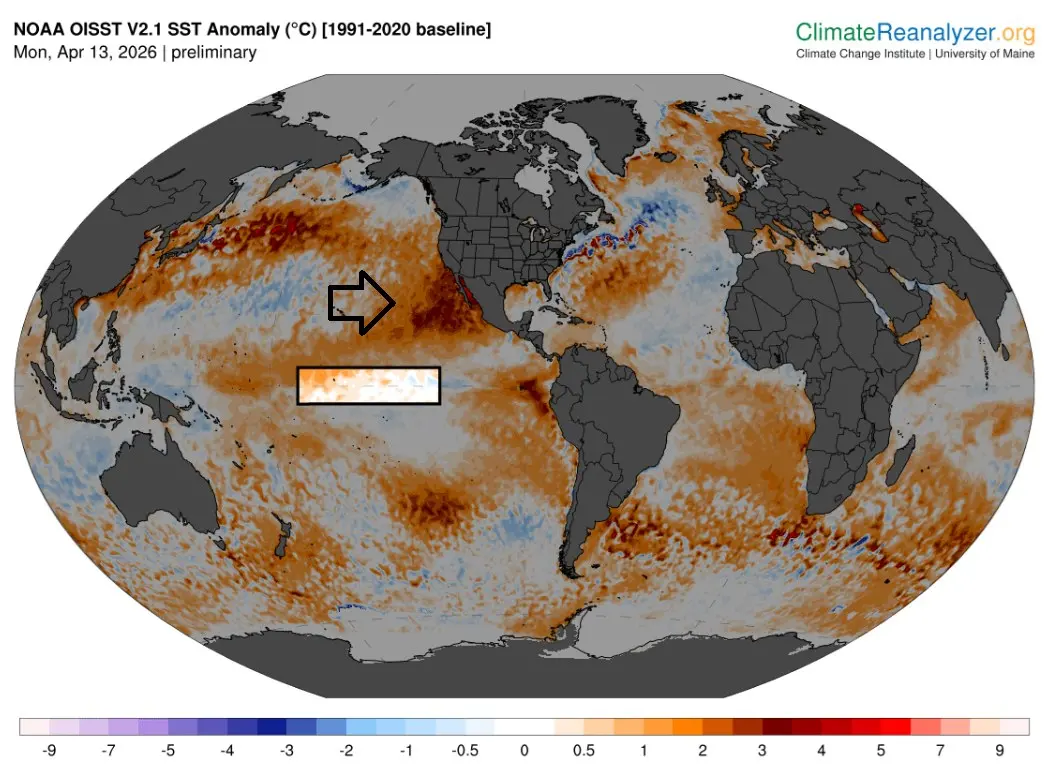 ▲全球氣候專家指出，聖嬰現象將於今年強勢回歸，並可能發展為140年來最強一次，前中央氣象局長鄭明典表示，近期聖嬰指標區海溫已由冷轉暖。（圖／取自鄭明典臉書粉專）