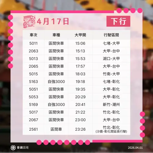 ▲台鐵明天海線南下加開12班次，最北可從七堵上車。（圖／台鐵提供，2026.04.16）
