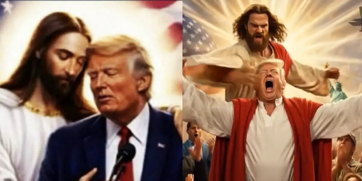 ▲美國總統川普在社群轉發AI耶穌圖片（左），伊朗也製作AI影片回擊（右）。（圖／翻攝自川普Truth Social、Ｘ）