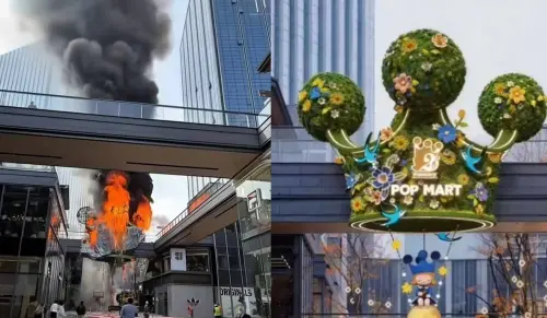 燒成大火球！中國商場大型泡泡瑪特裝飾起火　開幕前燒成骨架