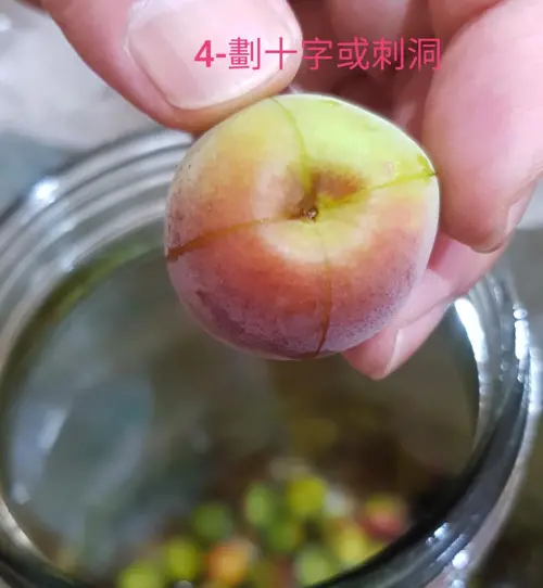 ▲美味關鍵！網友分享私房製程，強調洗淨晾乾後，「去蒂頭」能避免酒液發霉，用小刀「割十字」（如圖）或戳洞則是讓梅子風味完美釋放、縮短等待時間的核心訣竅，絕不能偷懶。（圖／翻攝自家常菜社團）