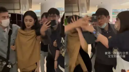 ▲疑似私生飯男子（戴眼鏡者）伸長拿著手機的手，強行要跟劉浩存（披駝色圍巾者）自拍，她看似被對方的手肘打到頭。（圖／新浪娛樂微博）