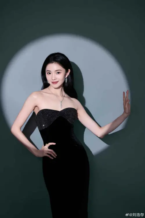 ▲▼劉浩存16日以抹胸禮服亮相北影節紅毯。（圖／劉浩存微博）