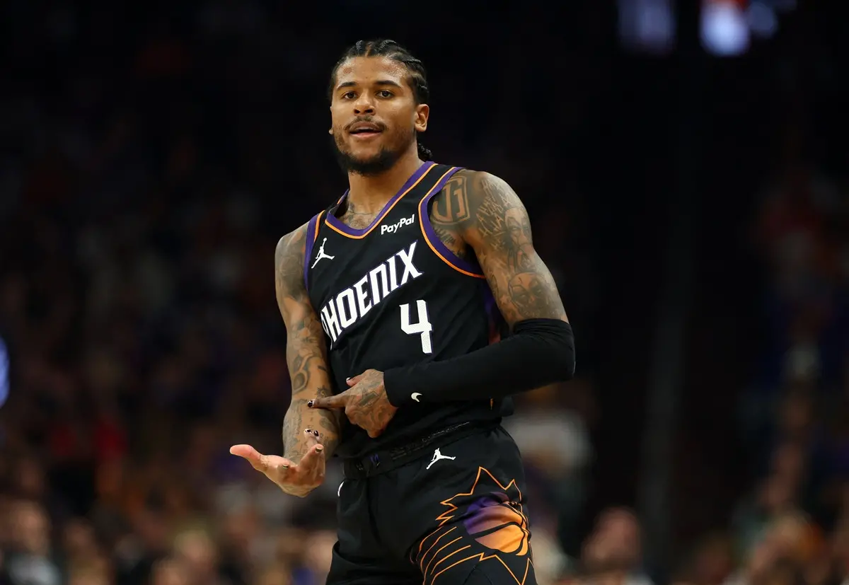 ▲NBA金州勇士對決鳳凰城太陽附加賽，半場打完太陽以50：45暫時領先，後衛格林（Jalen Green）得到14分。（圖／路透／達志影像）