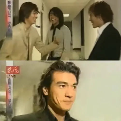 ▲周渝民（上圖左起）、朱孝天、王力宏在休息室門口打鬧，這時金城武（下圖）從走廊另一端走向3人，並禮貌性跟朱孝天等人打招呼。（圖／翻攝自Threads、東風衛視）