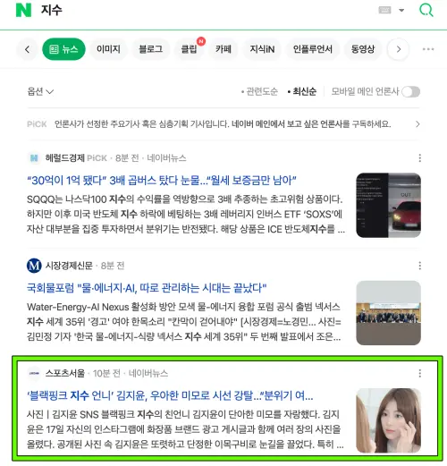 ▲在韓國搜尋引勤打上Jisoo，都不見韓媒報導金政勳任何新聞，還突然出一篇Jisoo是女神的報導（綠框），狀況超詭異。（圖／翻攝Naver）