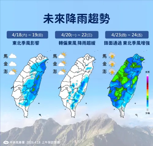 ▲下周四新一波鋒面通過，各地降雨機會提高，尤其中部以北有短暫陣雨或雷雨。（圖／中央氣象署提供）
