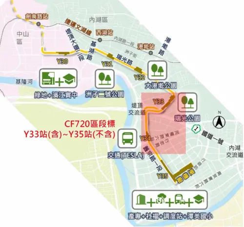 ▲CF720 區段標（紅框範圍）全長約 1.83 公里，主要採潛盾工法施作，並將新建 2 座地下車站。（圖／北市捷運工程局）