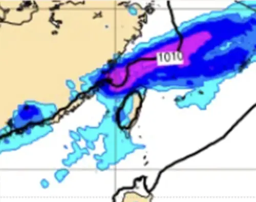 ▲周五凌晨鋒面開始南下，台灣由北而南開始出現局部陣雨或雷雨。（圖／洩天機教室）
