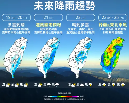 ▲氣象署提醒，本周四有鋒面通過及東北季風增強，各地有短暫陣雨或雷雨機會。（圖／中央氣象署）