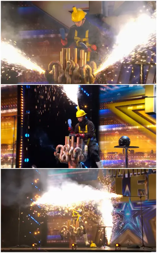 ▲阿民的舞台分成3階段施放煙火，讓觀眾看了尖叫聲連連。（圖／英國達人秀YouTube）