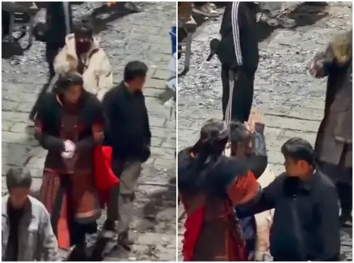 ▲張凌赫（紅衣）本來要下班了，結果聽到有人叫他，立刻就回頭與對方揮手、握手打招呼。（圖／微博＠橙子文娛）