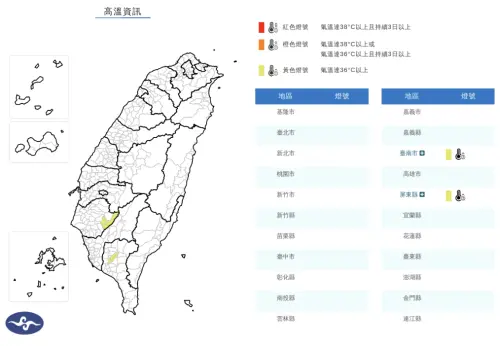 ▲中央氣象署發布「高溫資訊」，臺南、高雄、屏東要注意36度氣溫。（圖／中央氣象署）