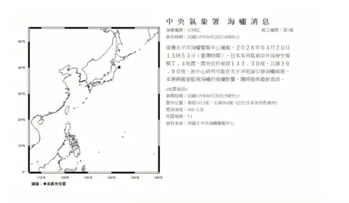 ▲日本青森縣外海今（20）下午發生規模7.4地震，中央氣象署發布「海嘯消息」。（圖／中央氣象署）