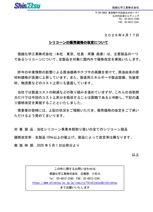 材料漲價潮來了！信越化學矽利康5月起全面調升售價　喊漲超過10%