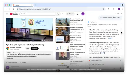 ▲Google chrome加入Gemini，可針對正在觀看的 YouTube 影片內容進行提問。（圖／官方提供）