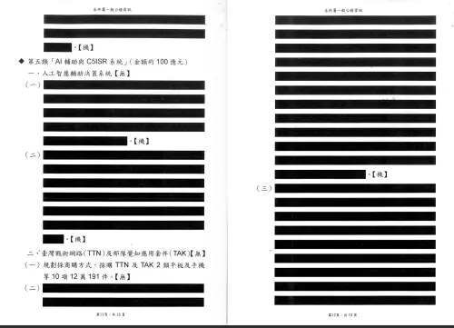 ▲國防部今日釋出軍購特別預算專報公開版本，其中細節一率「塗黑」，並示機密等級。（圖／國防部提供）