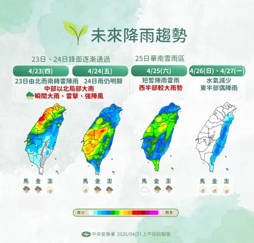 ▲氣象署表示，週四起鋒面來襲，北部率先變天，雨區接著往中南部擴大，全台連續降雨72小時。（圖/中央氣象署提供）