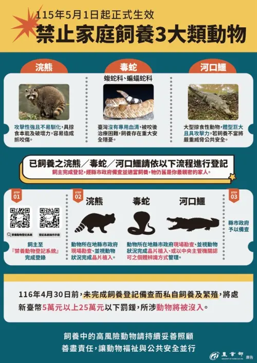 ▲農業部日前修正「指定禁止飼養輸入或輸出之動物」名單，新增禁止國人飼養浣熊等具高度危險性的動物，新制將自 2026 年 5 月 1 日起生效。（圖／農業部）