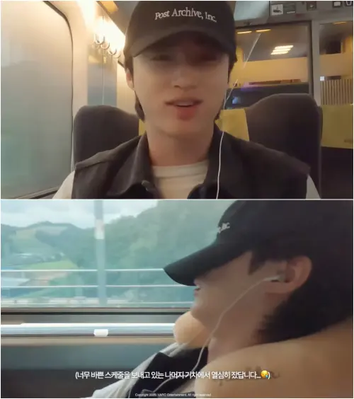 ▲邊佑錫搭高鐵並未刻意遮掩身分，但卻沒人認出來，他最後也自在地睡著了。（圖／VARO Playlist YouTube）