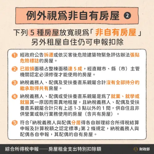 ▲房租申報特別扣除額，視為非自有房屋的5種情況。（圖／財政部提供）