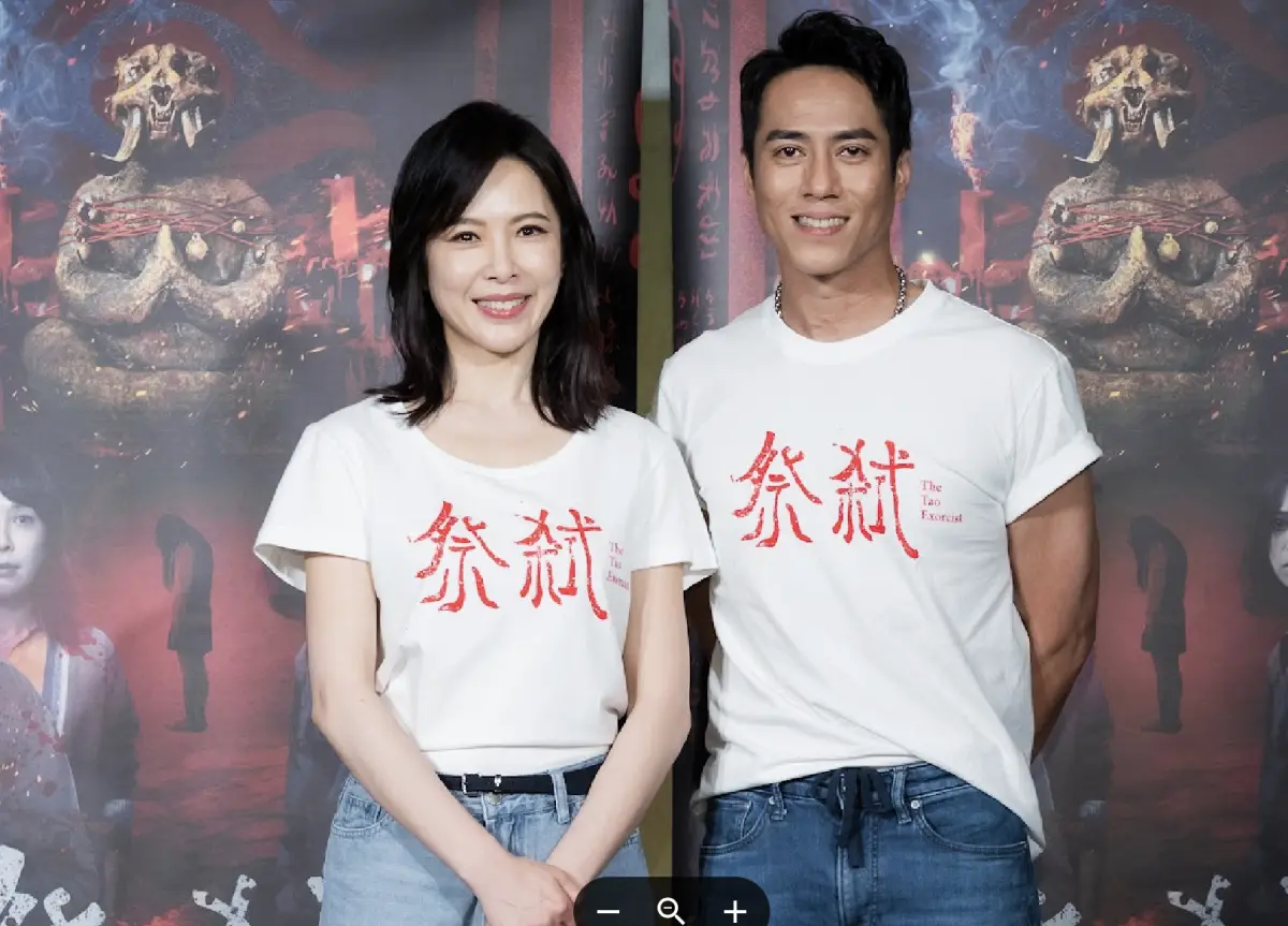 ▲天心（左）在《祭弑》的鬼妝嚇壞片子裡演老公的莊凱勛（右），而她拍片體重剩4字頭，直呼這部片是最強減肥藥。（圖／威視提供）