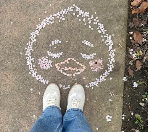 ▲李鐘碩賞櫻時，用櫻花在地上擺出小雞圖案，小雞臉上還剛好有和IU痣同位置的黑點。（圖／IG@jongsuk0206）