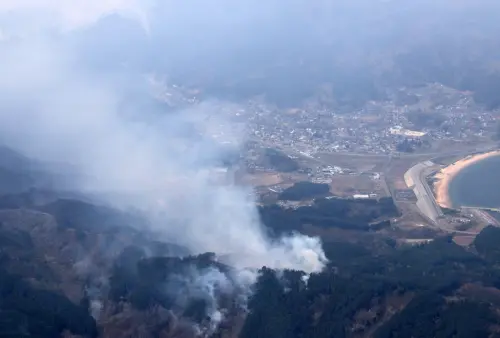 ▲日本岩手縣大槌町22日發生野火，火勢持續延燒至今（23）日上午仍未撲滅，受災面積擴大到200公頃。（圖／美聯社／達志影像）