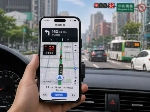 ▲高德地圖部分紅綠燈會顯示秒數，車道提示、複雜路口放大顯示等資訊更細。（圖／ChatGPT生成）