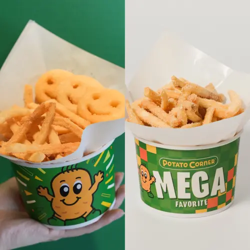 ▲Potato Corner薯條4月開賣「海鹽焦糖風味粉」新口味，還有微笑薯餅、氣泡飲同步上市。（圖／Potato Corner提供）