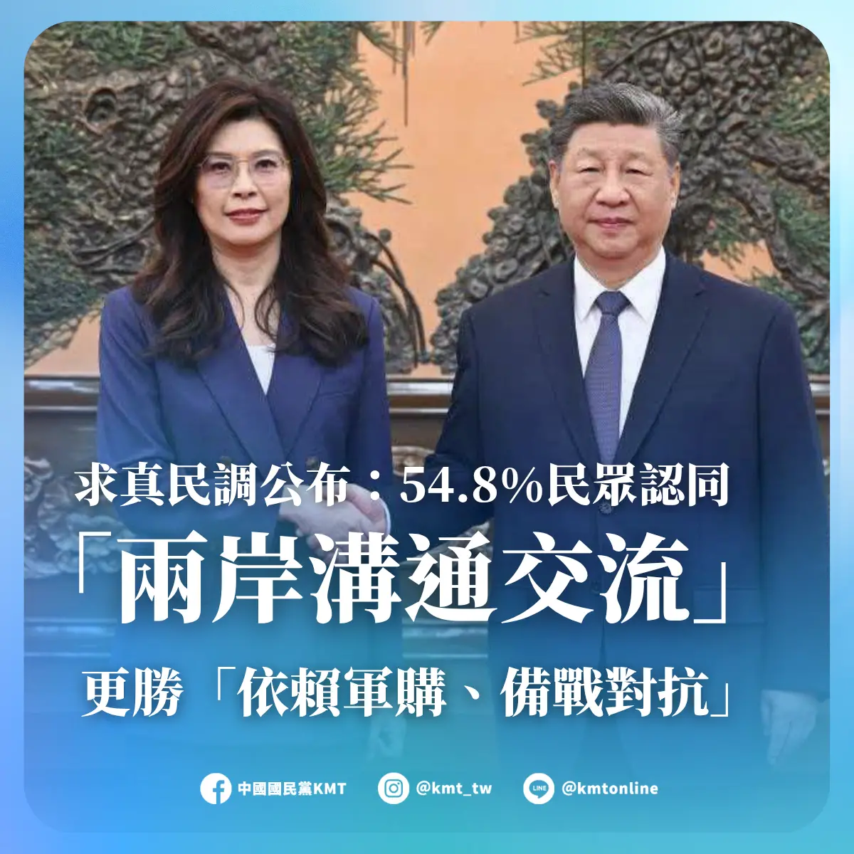 ▲國民黨今公佈「求真民調」，稱54.8%民眾認同「兩岸溝通交流」，但求真民調昔日遭藍營指控是「假老二」民調。（圖／國民黨提供）