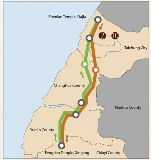 Route map of Dajia Mazu pilgrimage. (Taiwan Religious Culture Map / MOI Taiwan)